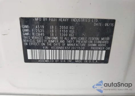 2015 Subaru Legacy 2.5I Premium from USA, damaged, VIN 4S3BNBE65F3071530